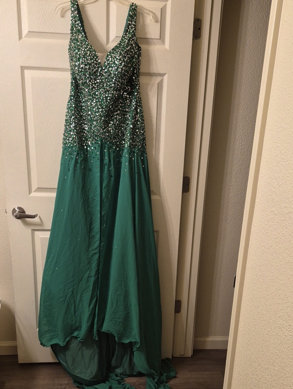 Sleeveless Beaded Deep V Emerald Prom Gown